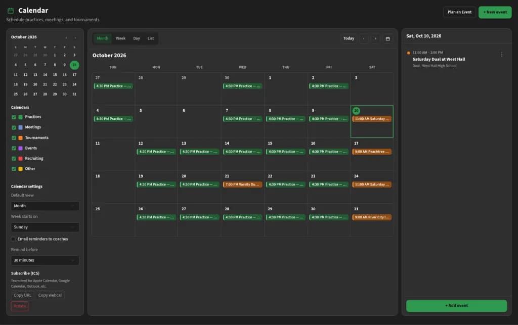 Team calendar for practices, meetings, and tournaments