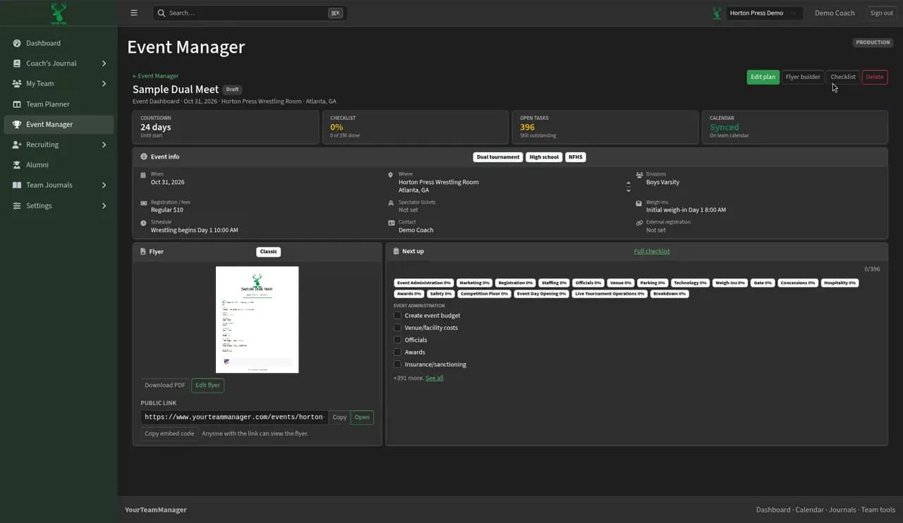 Event Manager dashboard for a hosted event